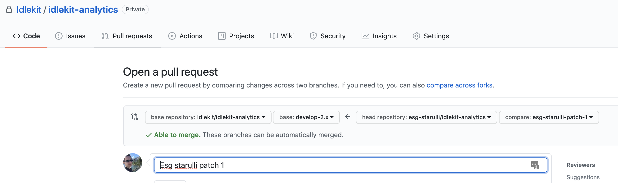 The default view of a fork pull request